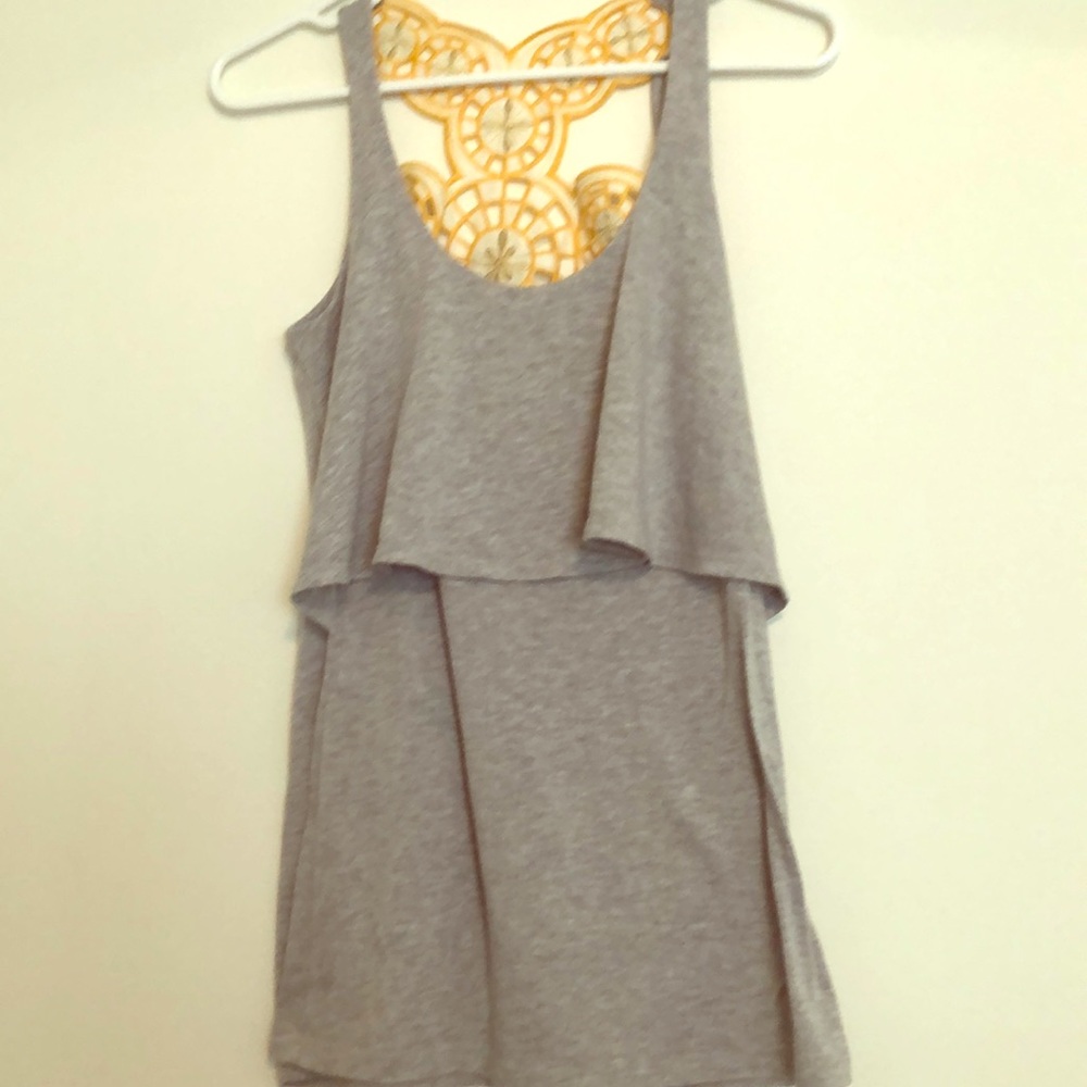 Grey tank top with yellow/ white lace on back